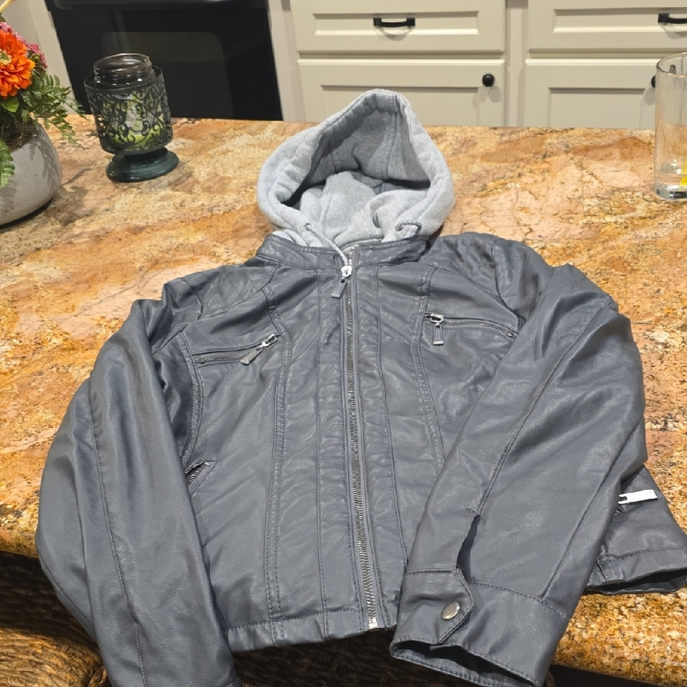 Grey Faux LeatherJacket with Hood Sizd Medium .  Lining Is Detachable.